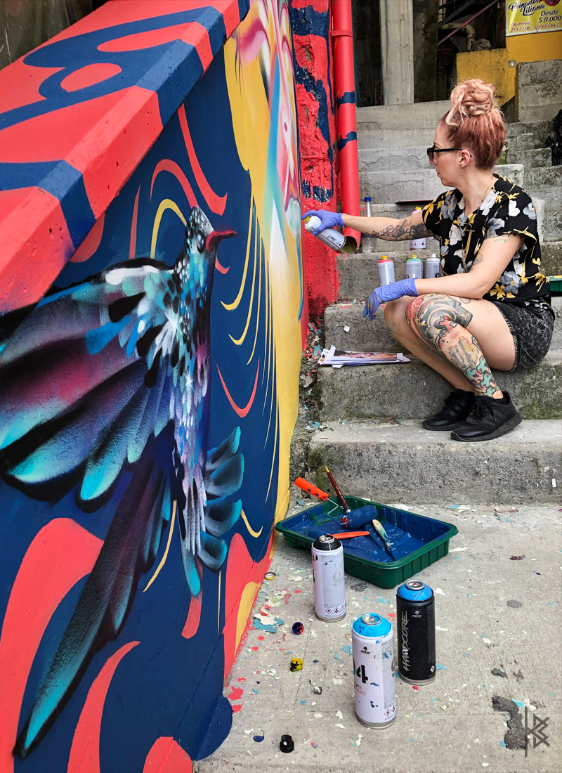 KB & Seta Fuerte, "Highest Spiritual Warrior" PROCESS, Spray Paint on Wall. 10' × 6', 2019
