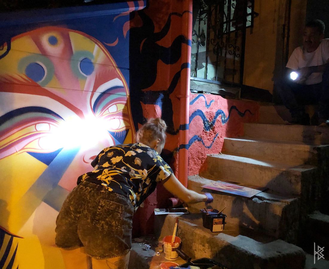 KB & Seta Fuerte, "Highest Spiritual Warrior" PROCESS, Spray Paint on Wall. 10' × 6', 2019