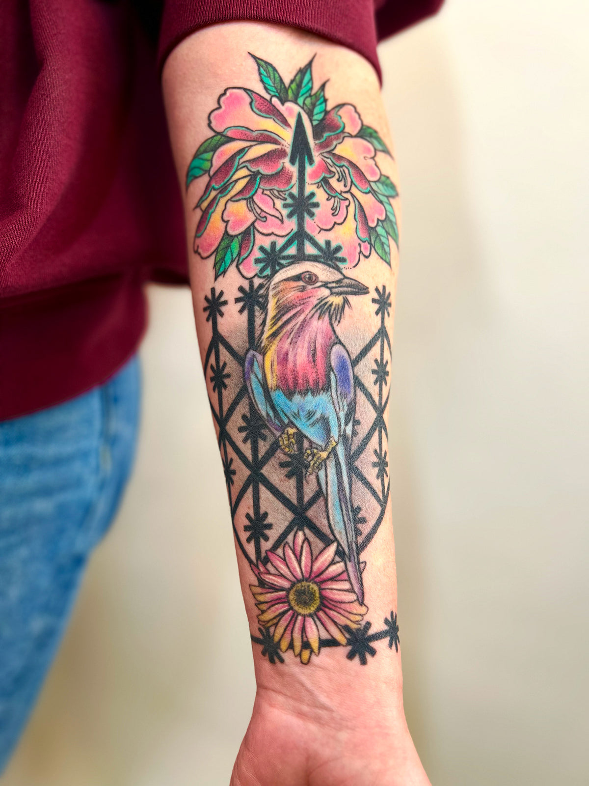 KB, "Lilac Roller Voodoo", Ink in skin, 10" x 5". 2025