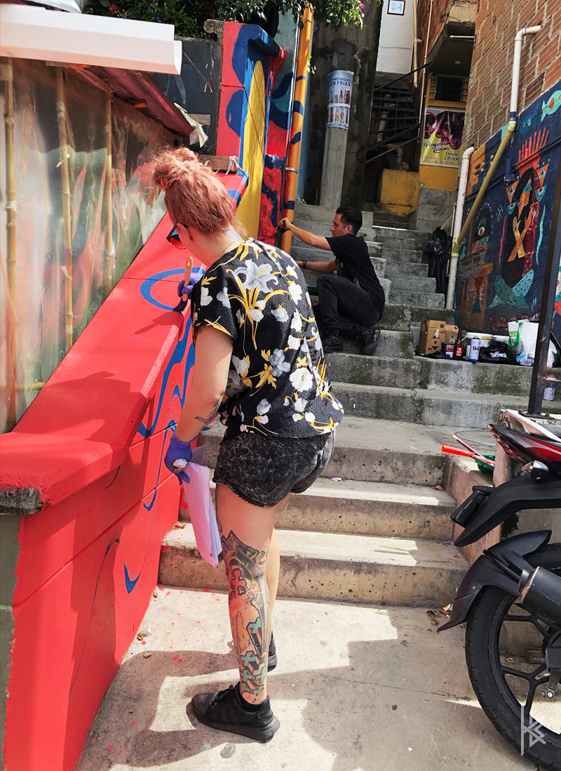 KB & Seta Fuerte, "Highest Spiritual Warrior" PROCESS, Spray Paint on Wall. 10' × 6', 2019