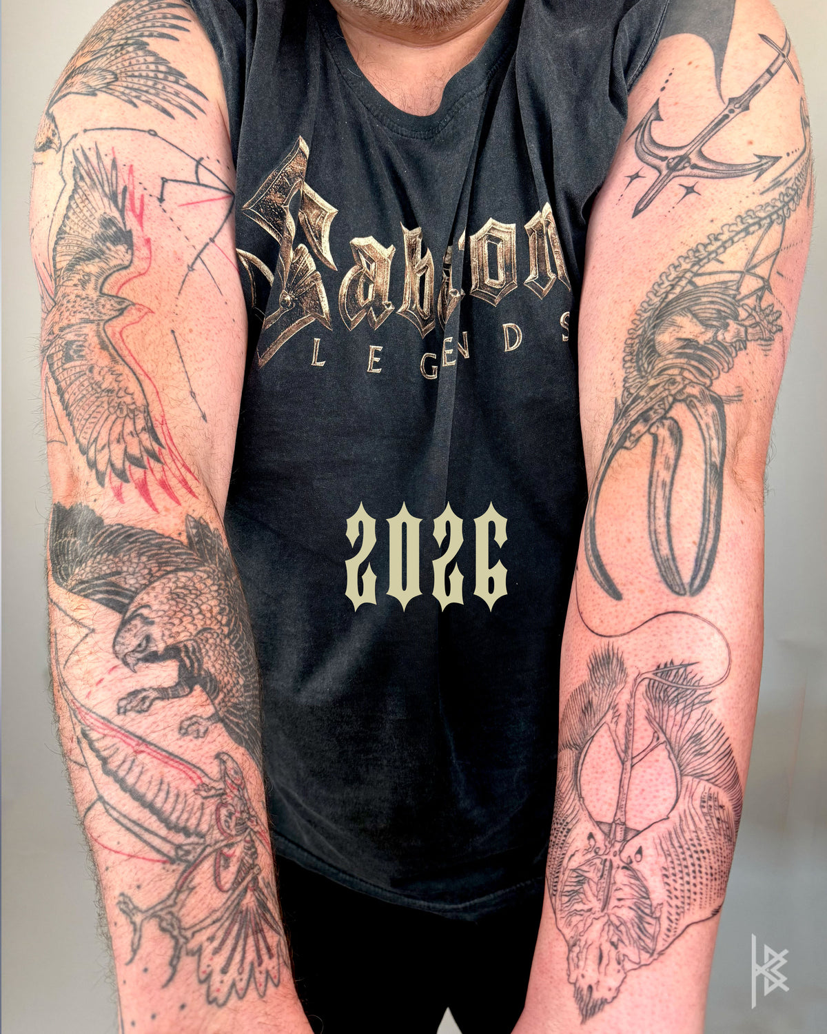 KB, "Birds of Prey Kinetic Flight Patterns & " & "Deep Sea Sleeve", Ink in skin, 20" x 16", 2026.