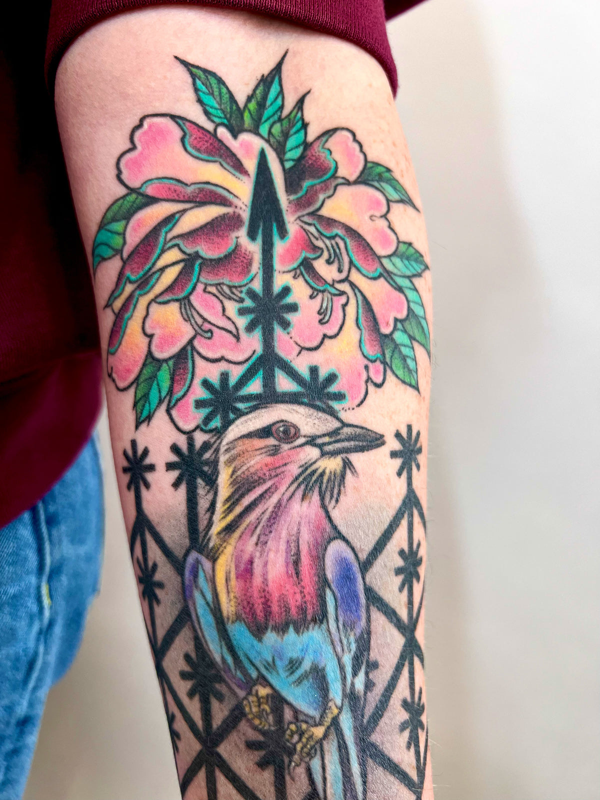 KB, "Lilac Roller Voodoo" DETAIL, Ink in skin, 10" x 5". 2025