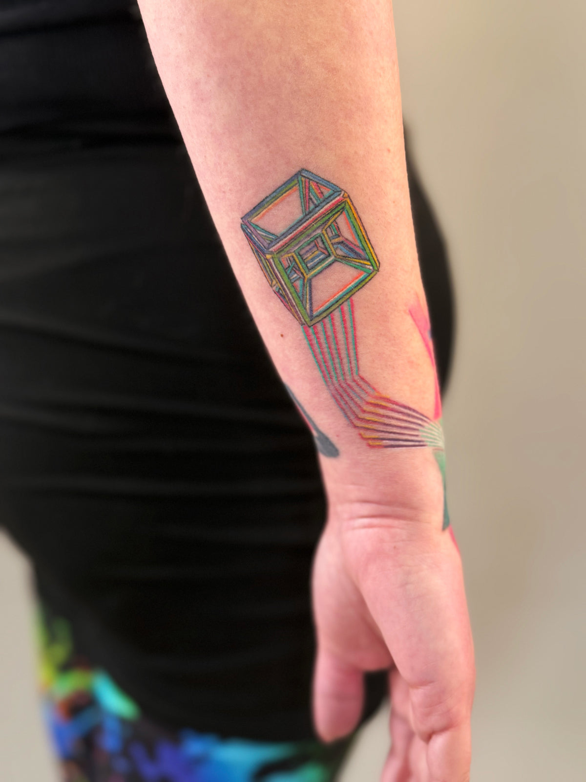 KB, "4th Dimensional Merkaba" DETAIL, Ink in skin, 7" x 6". 2025