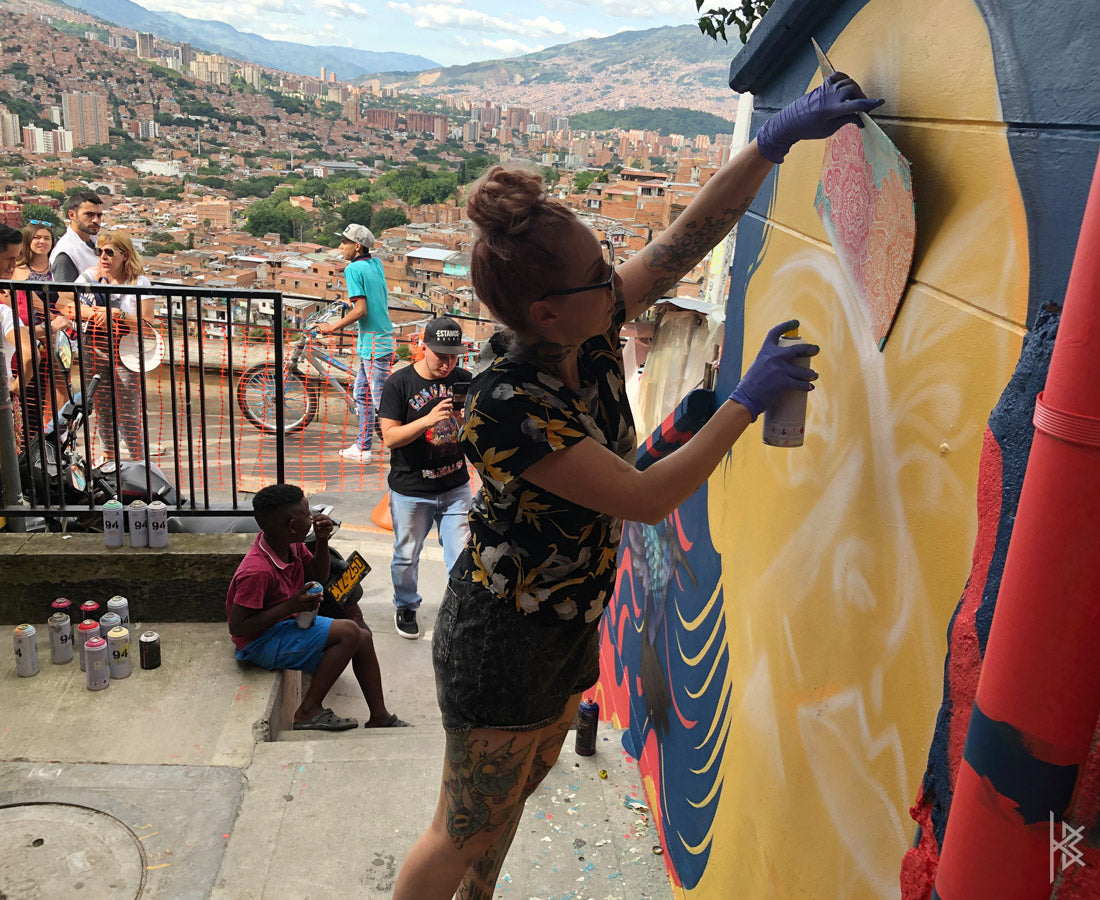 KB & Seta Fuerte, "Highest Spiritual Warrior" PROCESS, Spray Paint on Wall. 10' × 6', 2019
