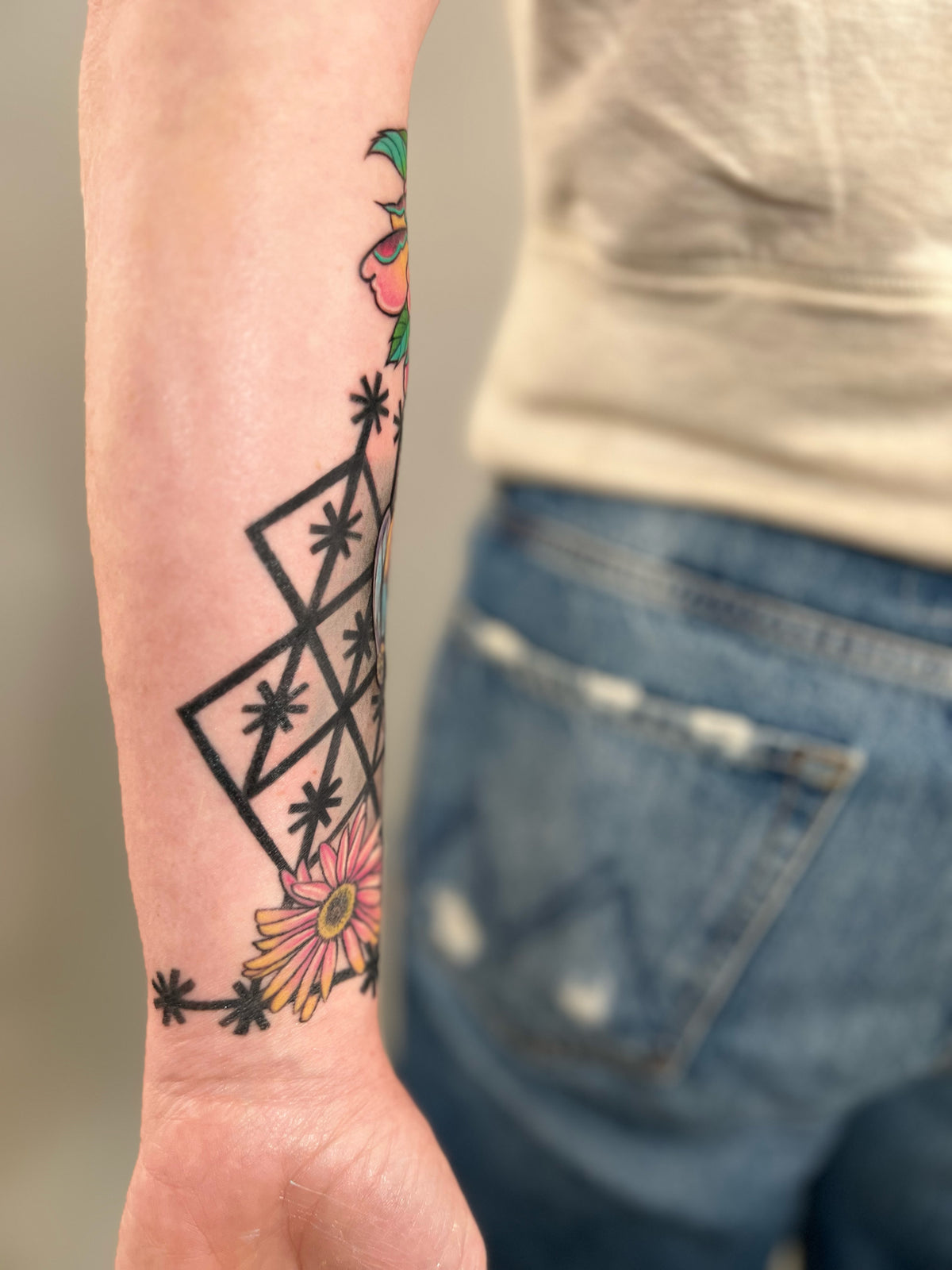 KB, "Lilac Roller Voodoo" DETAIL, Ink in skin, 10" x 5". 2025