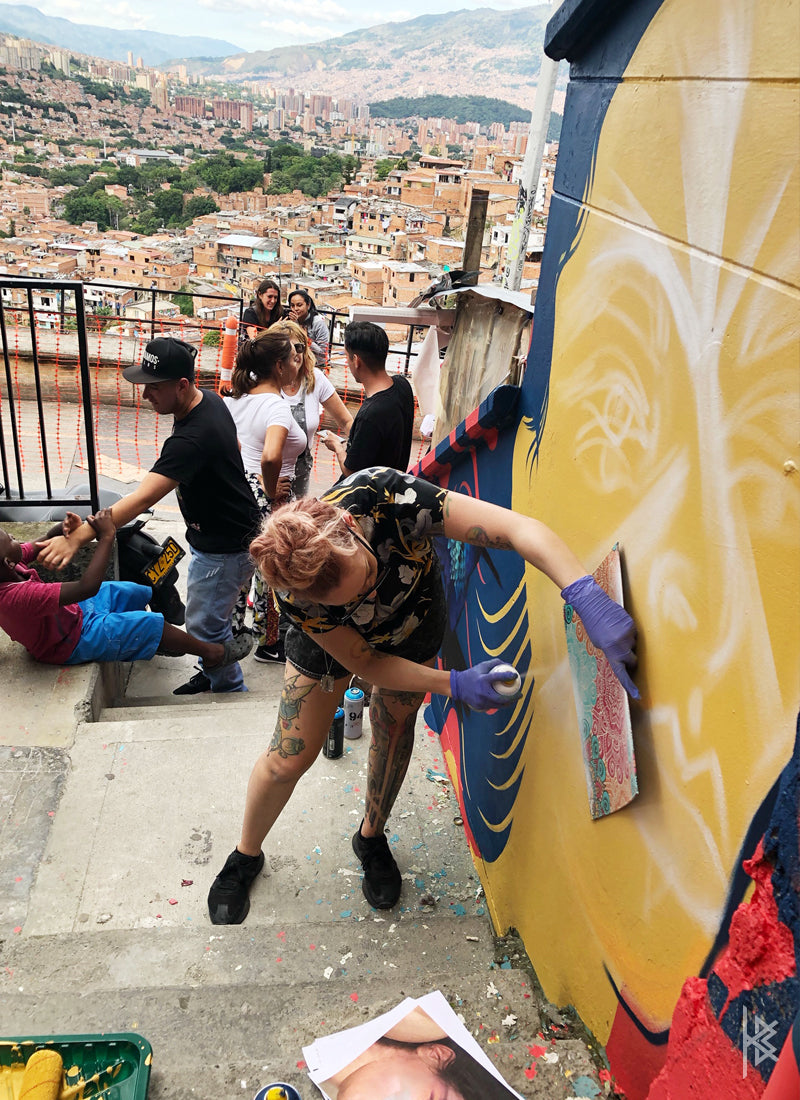 KB & Seta Fuerte, "Highest Spiritual Warrior" PROCESS, Spray Paint on Wall. 10' × 6', 2019