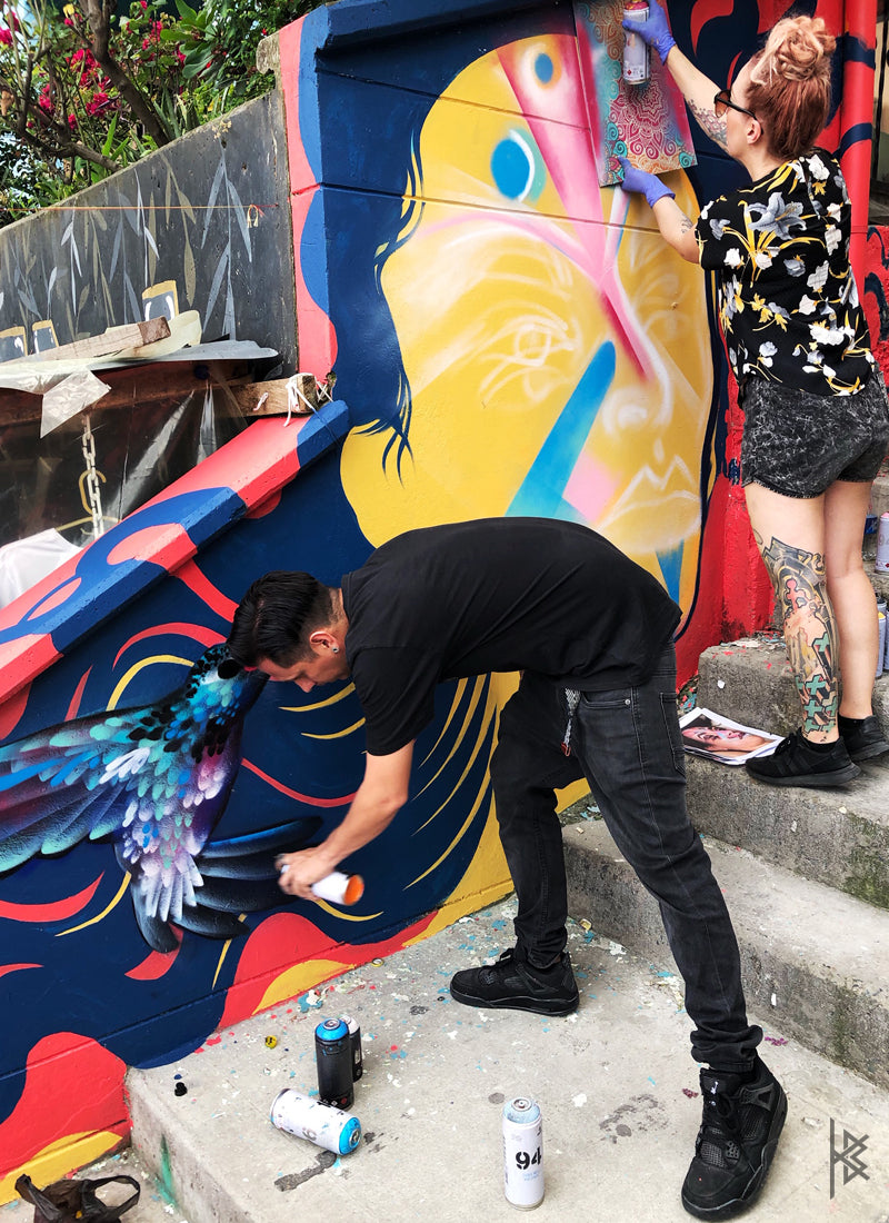 KB & Seta Fuerte, "Highest Spiritual Warrior" PROCESS, Spray Paint on Wall. 10' × 6', 2019