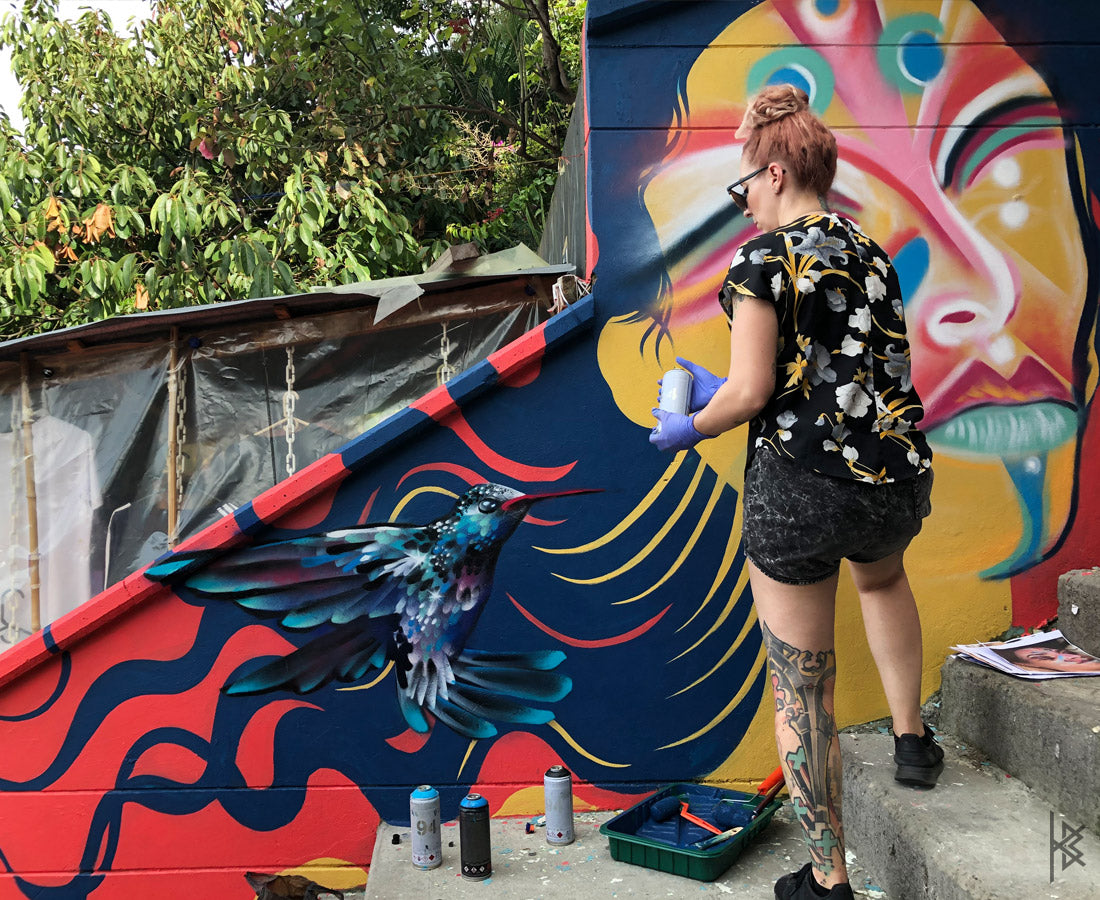 KB & Seta Fuerte, "Highest Spiritual Warrior" PROCESS, Spray Paint on Wall. 10' × 6', 2019