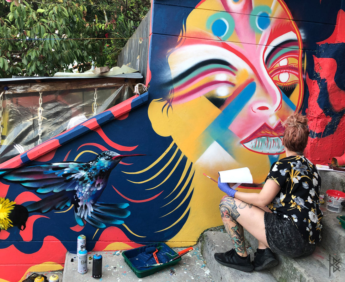 KB & Seta Fuerte, "Highest Spiritual Warrior" PROCESS, Spray Paint on Wall. 10' × 6', 2019
