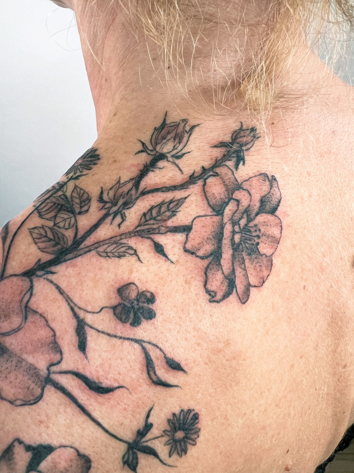 KB, "Wild Roses - Detail", Ink in skin, 12" x 13". 2024
