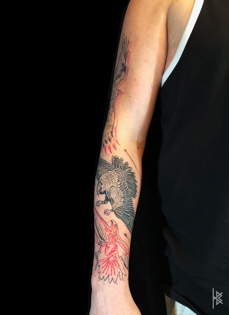 KB, "Birds of Prey Kinetic Flight Patterns", Ink in skin, 20" x 16", 2017.