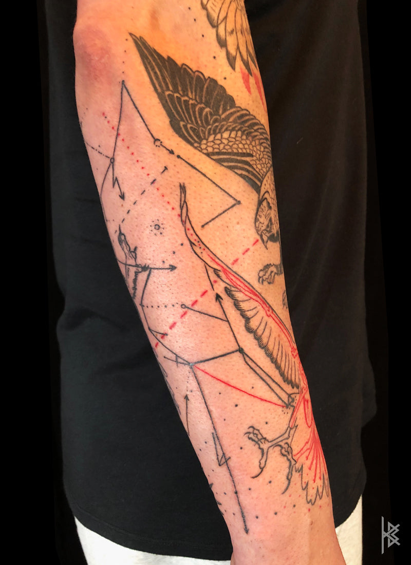 KB, "Birds of Prey Kinetic Flight Patterns", Ink in skin, 20" x 16", 2017.