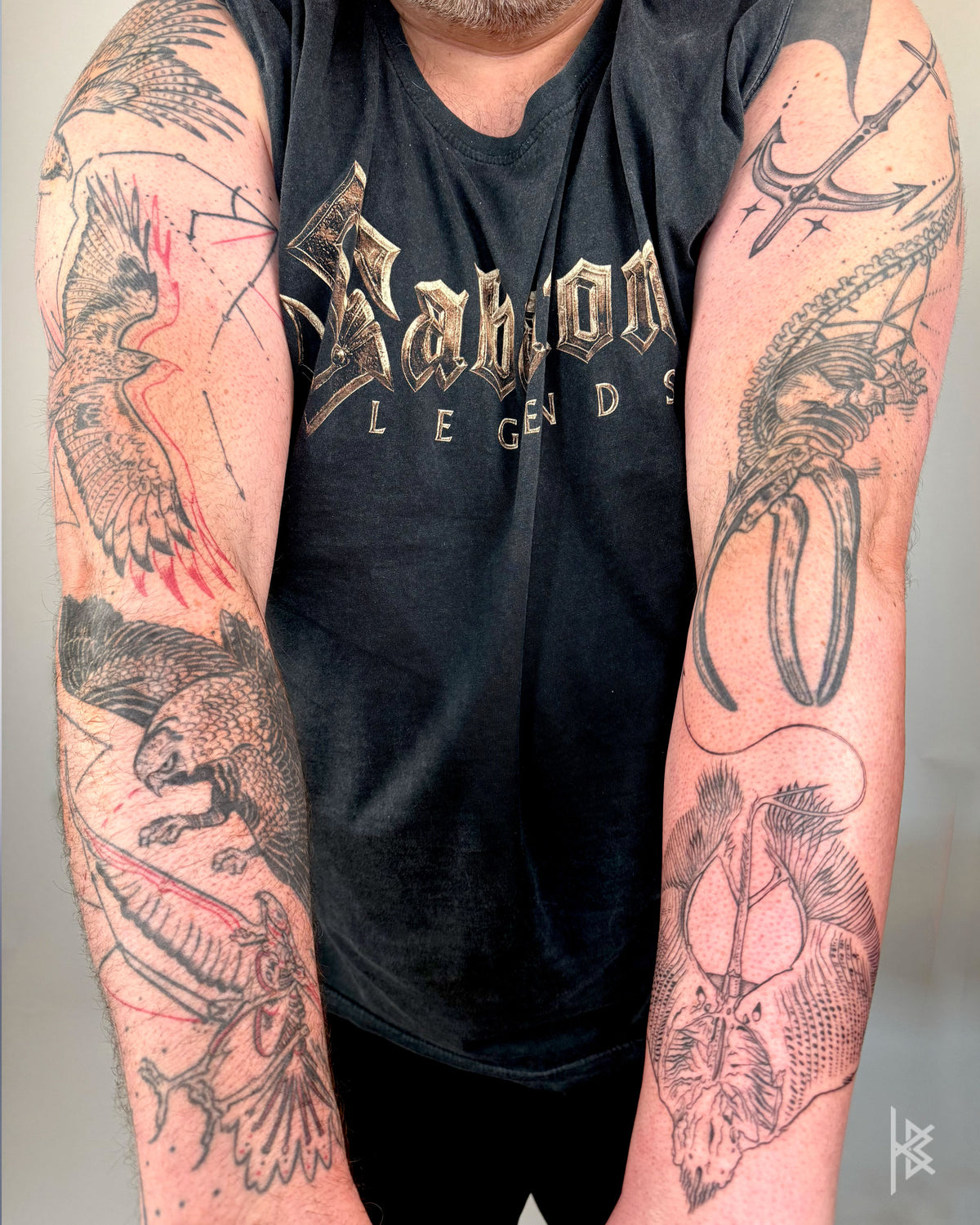 KB, "Birds of Prey Kinetic Flight Patterns & " & "Deep Sea Sleeve", Ink in skin, 20" x 16", 2026.