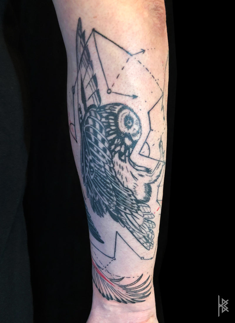 KB, "Birds of Prey Kinetic Flight Patterns", Ink in skin, 20" x 16", 2017.