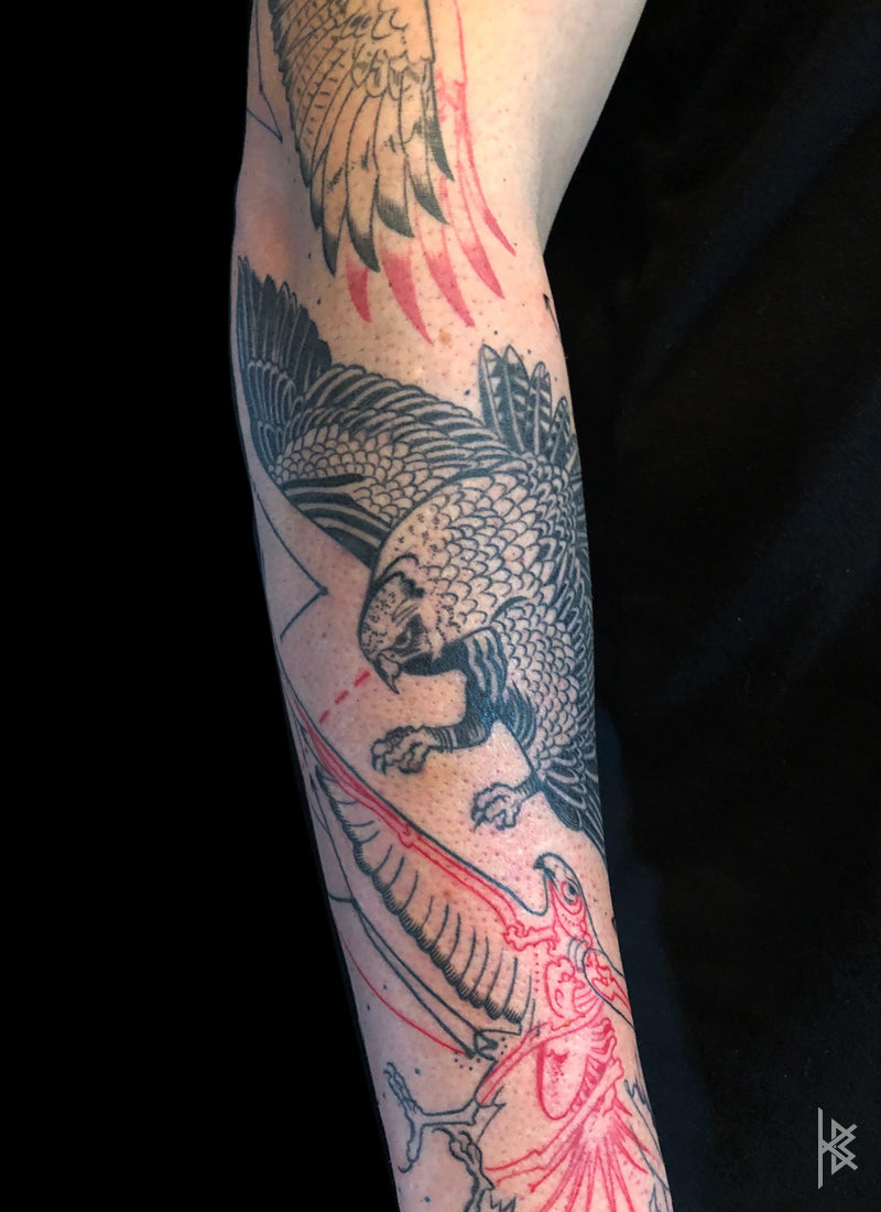 KB, "Birds of Prey Kinetic Flight Patterns", Ink in skin, 20" x 16", 2017.