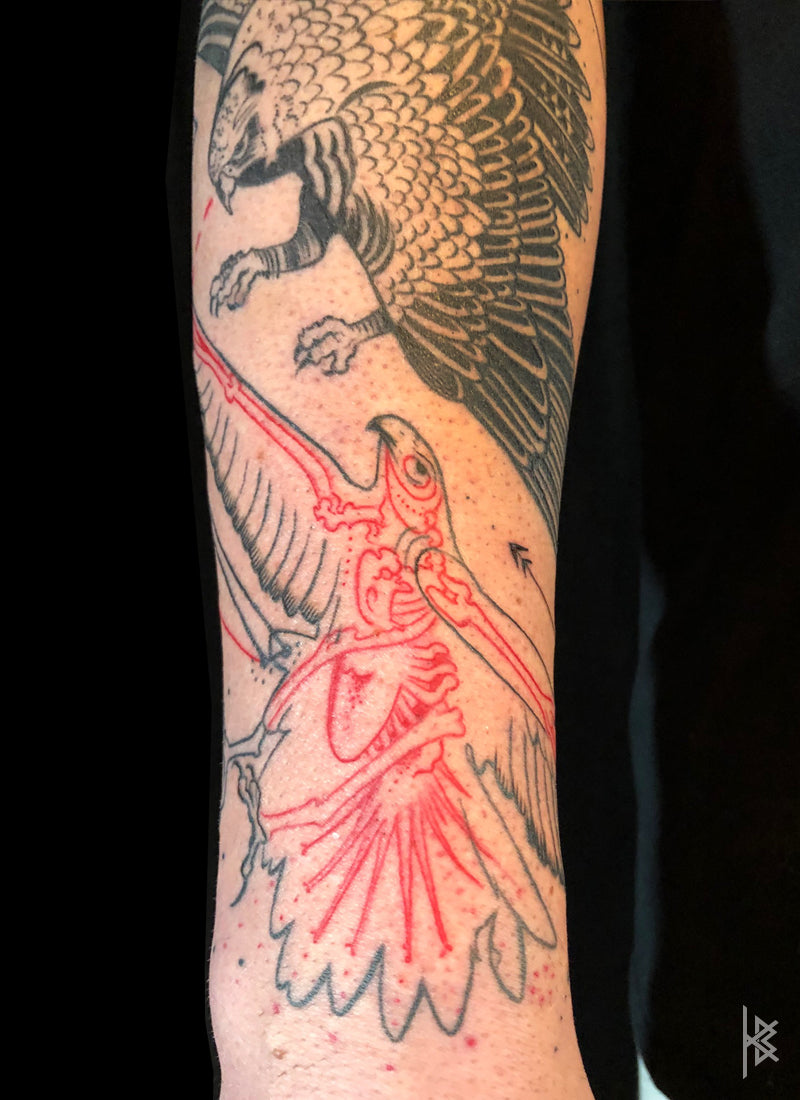 KB, "Birds of Prey Kinetic Flight Patterns", Ink in skin, 20" x 16", 2017.