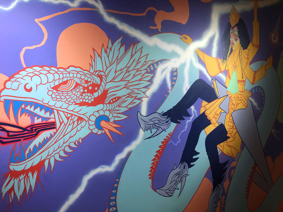 KB. ''Cosmic Warrior - DETAIL” Acrylic & Airbrush on Wall, 12’ x 8.5’'. 2019