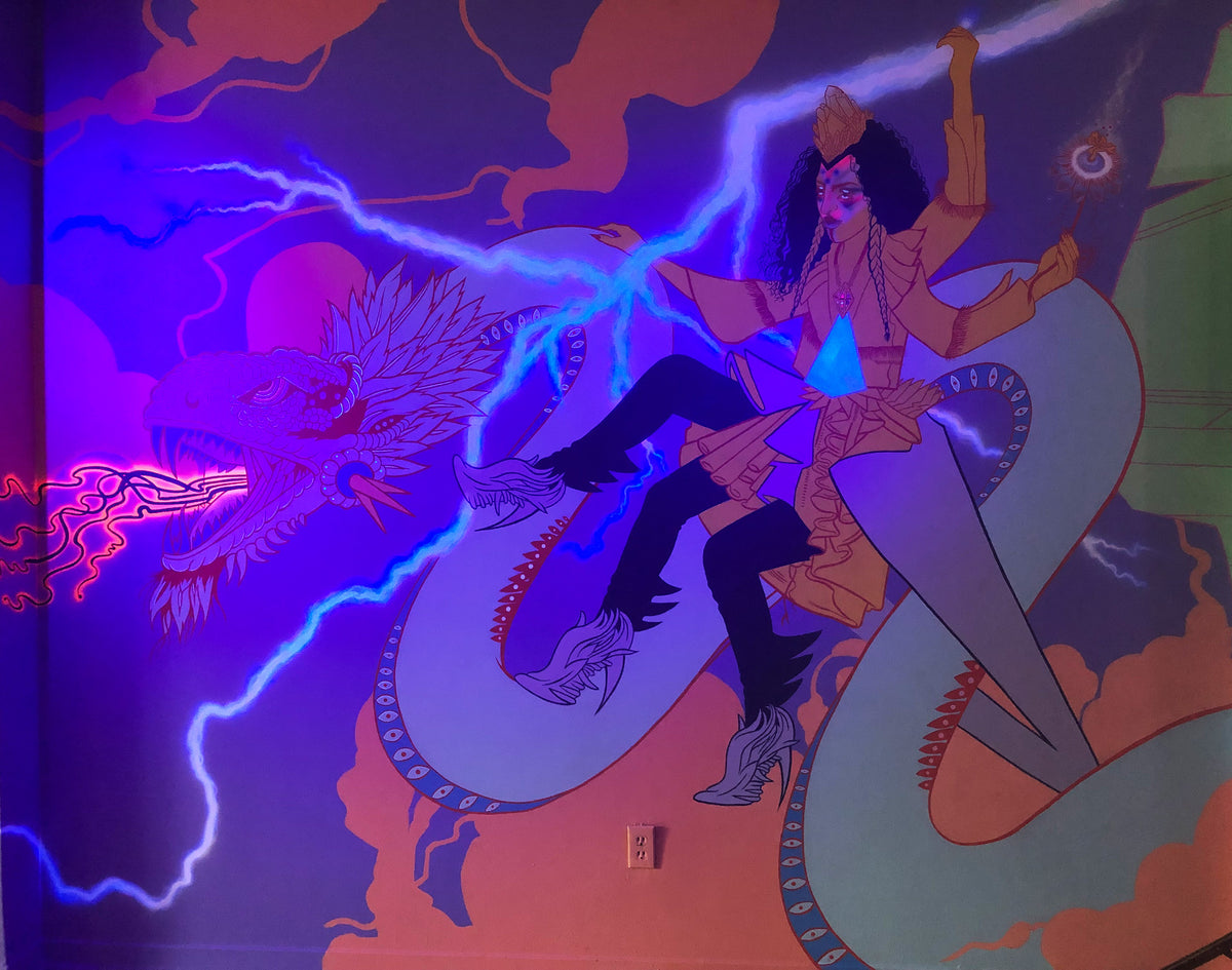 KB. ''Cosmic Warrior - UV Paint” Acrylic & Airbrush on Wall, 12’ x 8.5’'. 2019