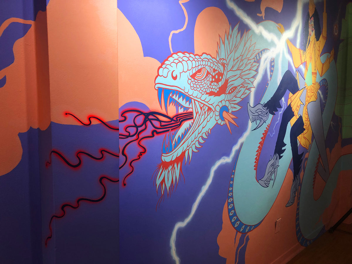 KB. ''Cosmic Warrior - DETAIL” Acrylic & Airbrush on Wall, 12’ x 8.5’'. 2019