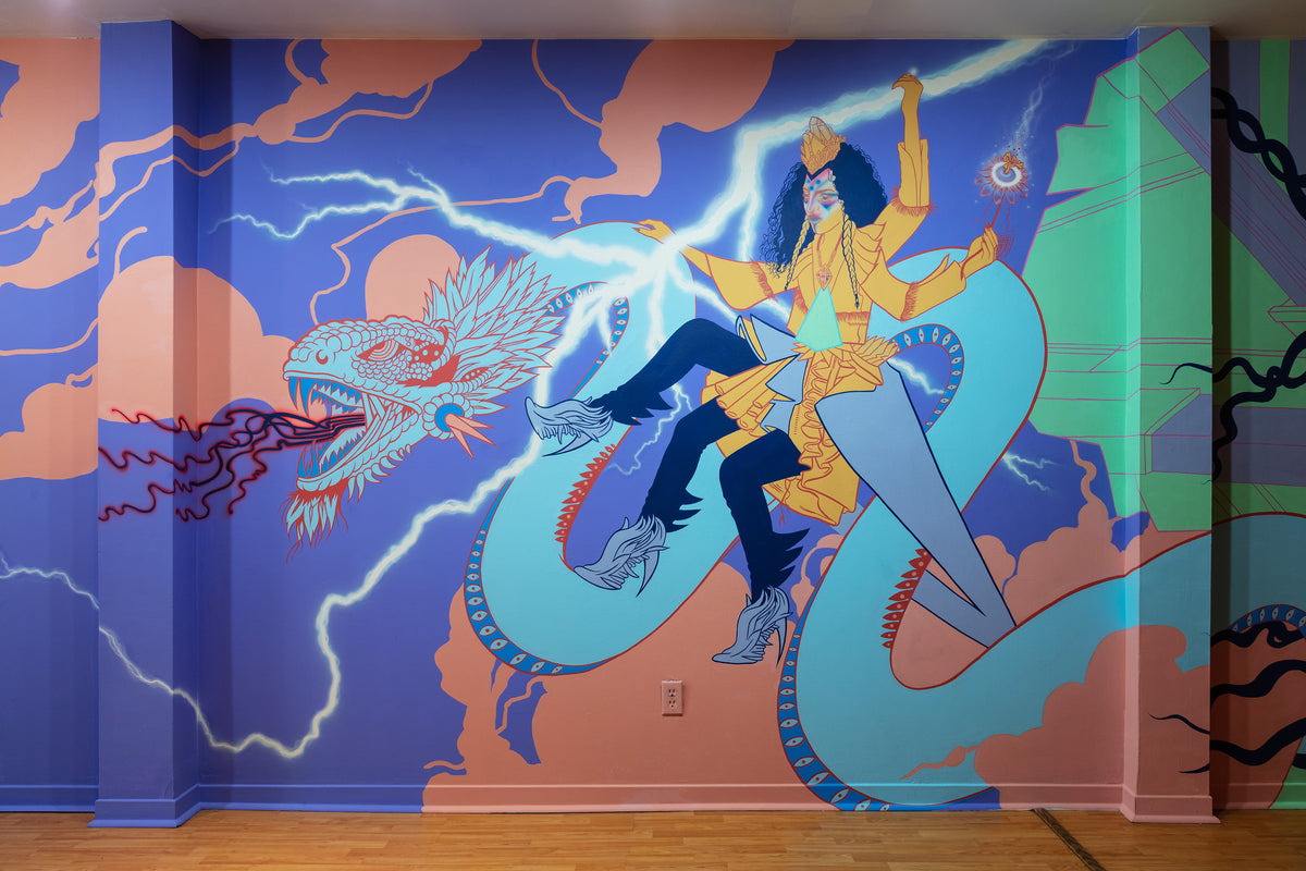 KB. ''Cosmic Warrior'' Acrylic & Airbrush on Wall, 12’ x 8.5’'. 2019