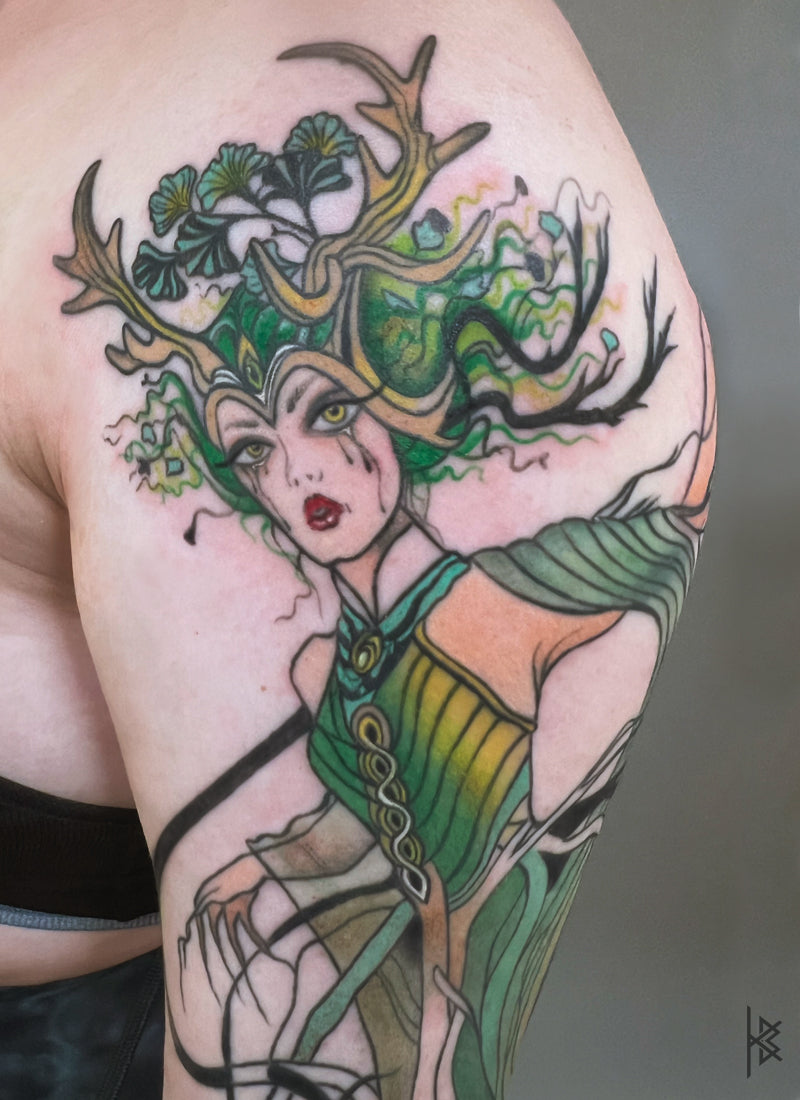 KB, "Dyrad Irish Fairy" DETAIL, Ink in skin, 13" x 10". 2025