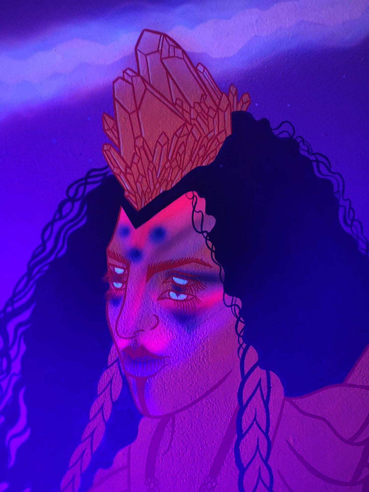 KB. ''Cosmic Warrior - UV Paint - DETAIL” Acrylic & Airbrush on Wall, 12’ x 8.5’'. 2019