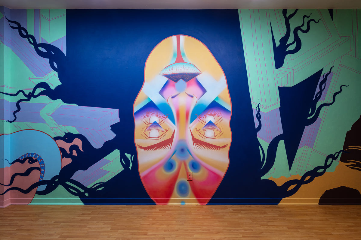KB. ”Internal Cosmic Warrior ” Acrylic & Airbrush on Wall, 12’ x 8.5’'. 2019