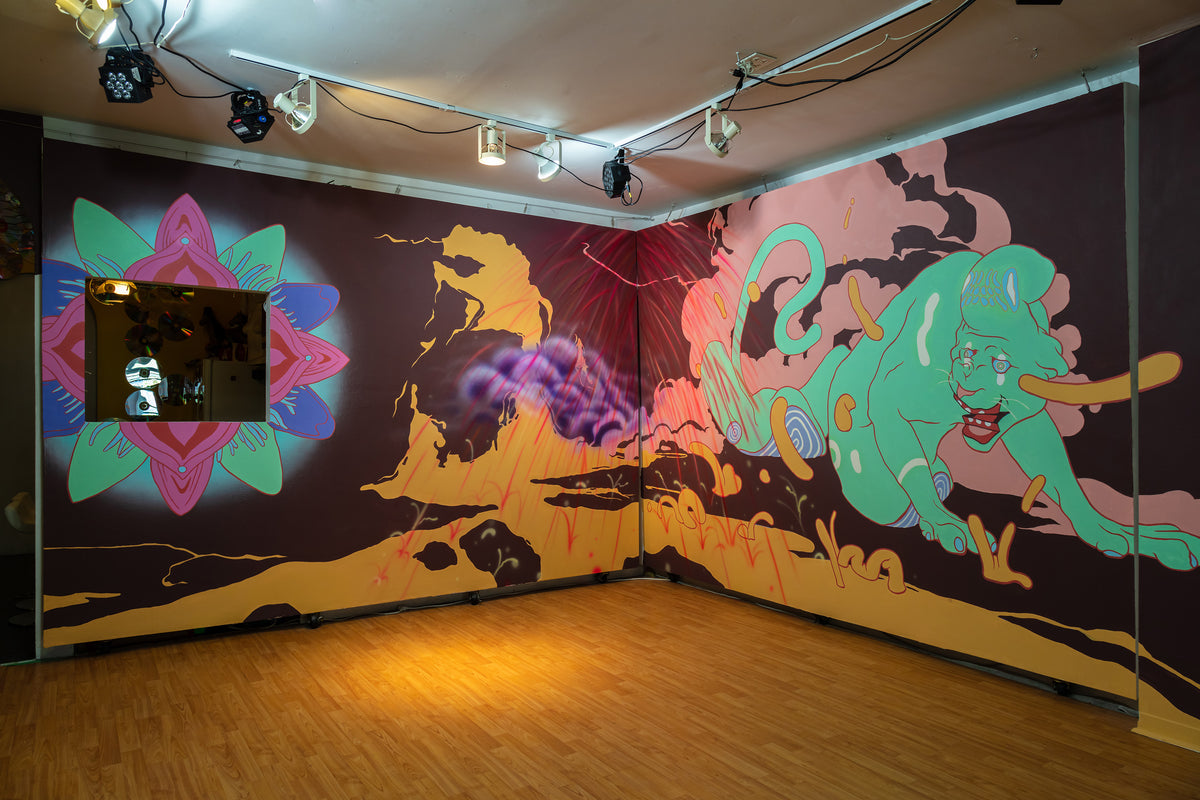 KB. “Vulva Flower & Clouds” & DORAS “Mint Jaguar”, Acrylic & Airbrush on Wall. 24’ x 8.5’, 2019