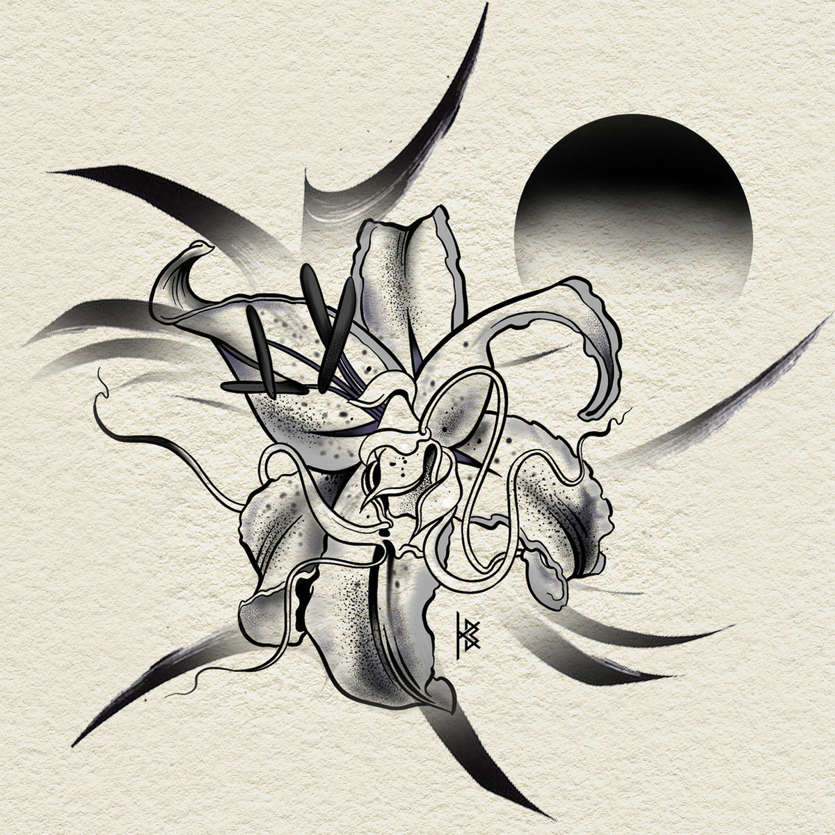 KB, "Helios Bloom : BLACK & GREY" Digital Flash Artwork, 8" x 4". 2025