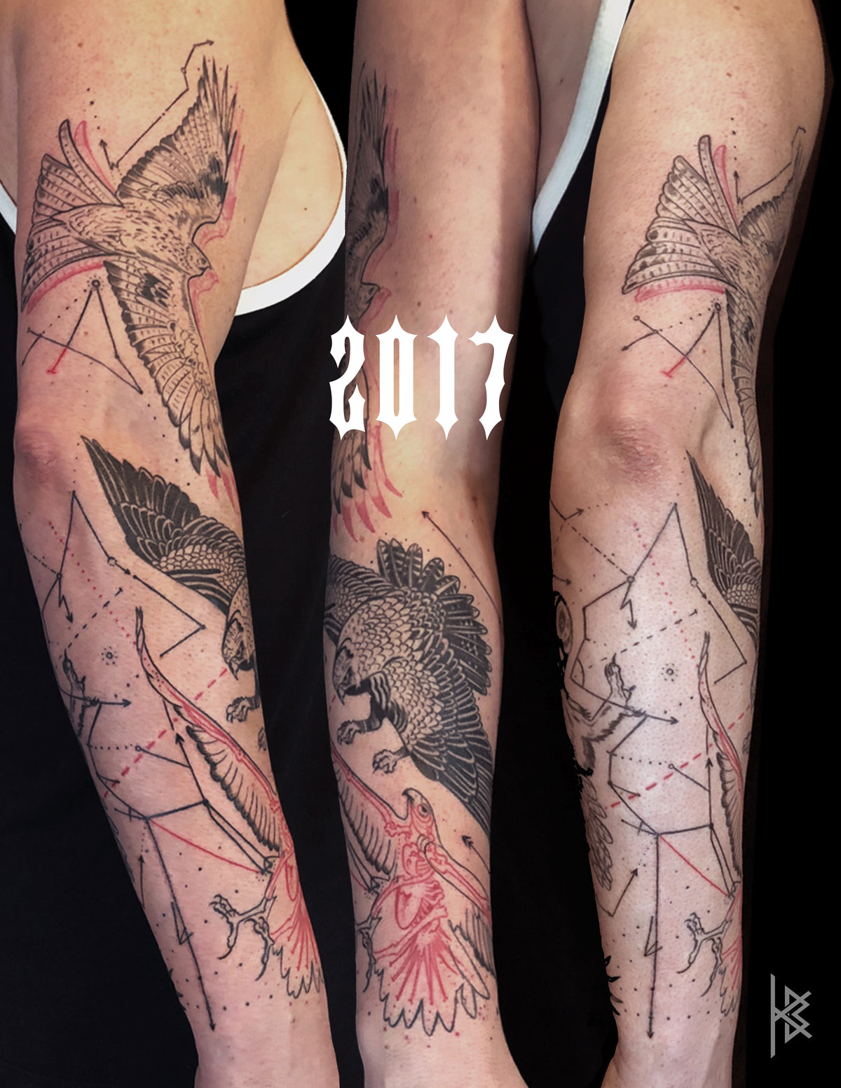 KB, "Birds of Prey Kinetic Flight Patterns", Ink in skin, 20" x 16", 2017.