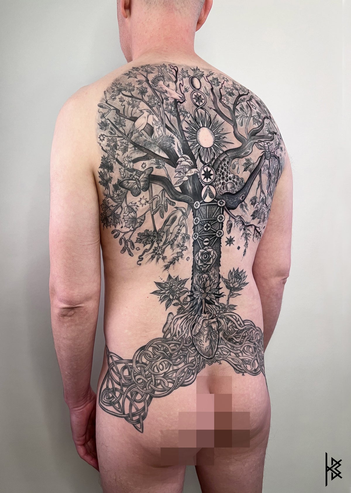 KB, "Tree of Life, She of a Thousand Stars", Ink in skin, 25" x 20". 2022-2024