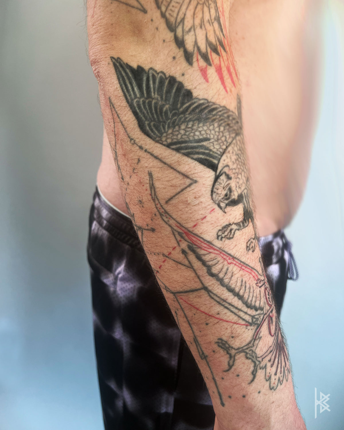 KB, "Birds of Prey Kinetic Flight Patterns", Ink in skin, 20" x 16", 2024.
