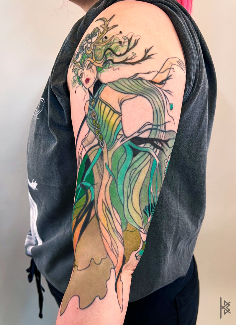 KB, "Dyrad Irish Fairy", Ink in skin, 13" x 10". 2025
