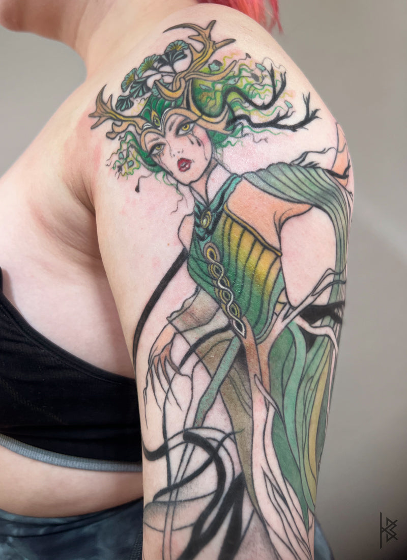 KB, "Dyrad Irish Fairy" DETAIL, Ink in skin, 13" x 10". 2025