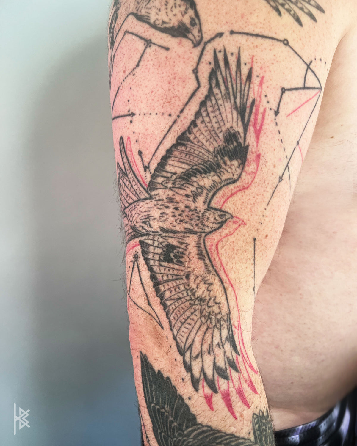 KB, "Birds of Prey Kinetic Flight Patterns", Ink in skin, 20" x 16", 2024.