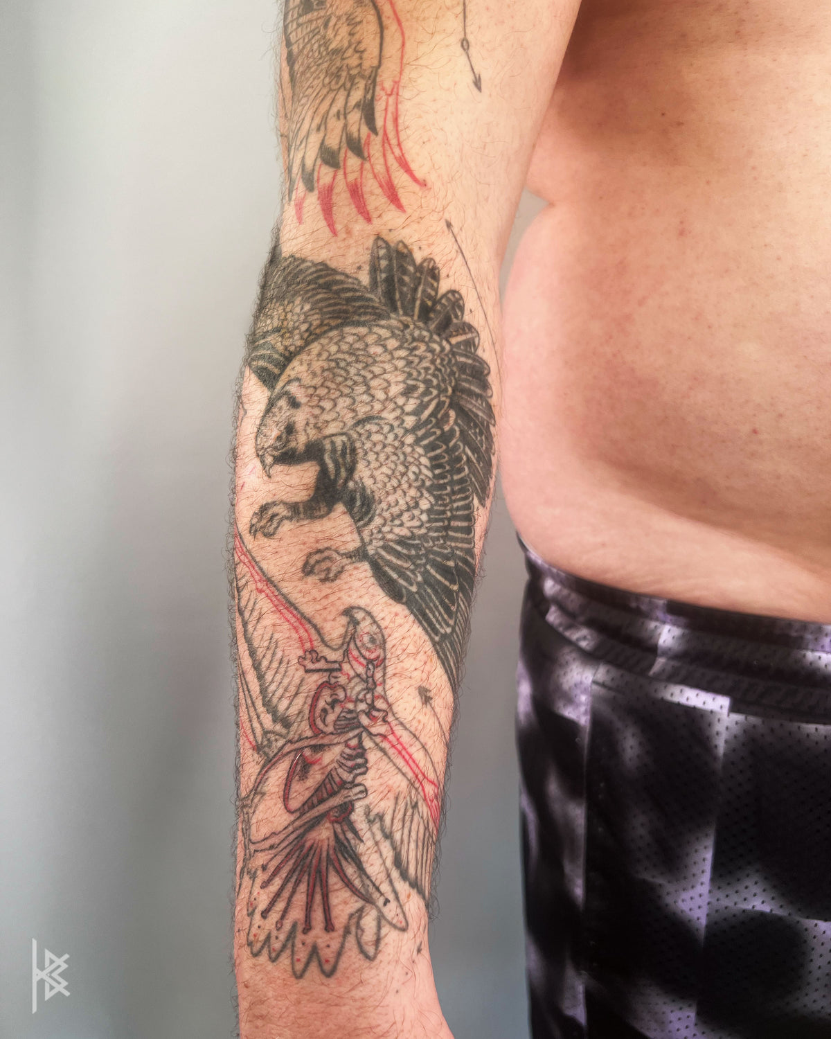 KB, "Birds of Prey Kinetic Flight Patterns", Ink in skin, 20" x 16", 2024.