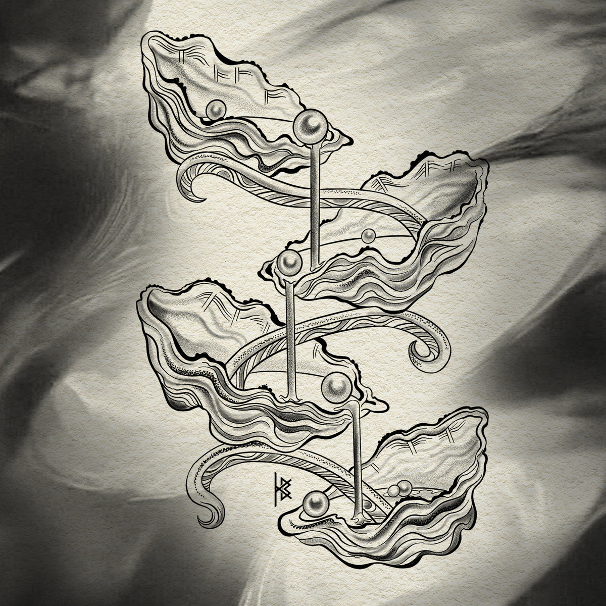 KB, "Oyster Fountain : BLACK & GREY" Digital Flash Artwork, 8" x 4". 2025 