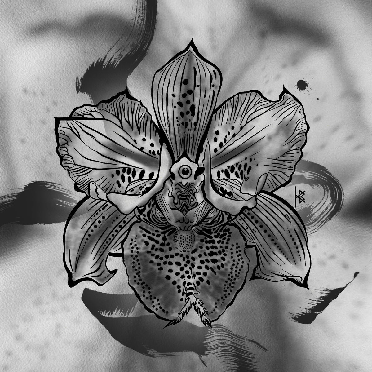 KB, "Theia Orchid : BLACK & GREY" Digital Flash Artwork, 8" x 4". 2025