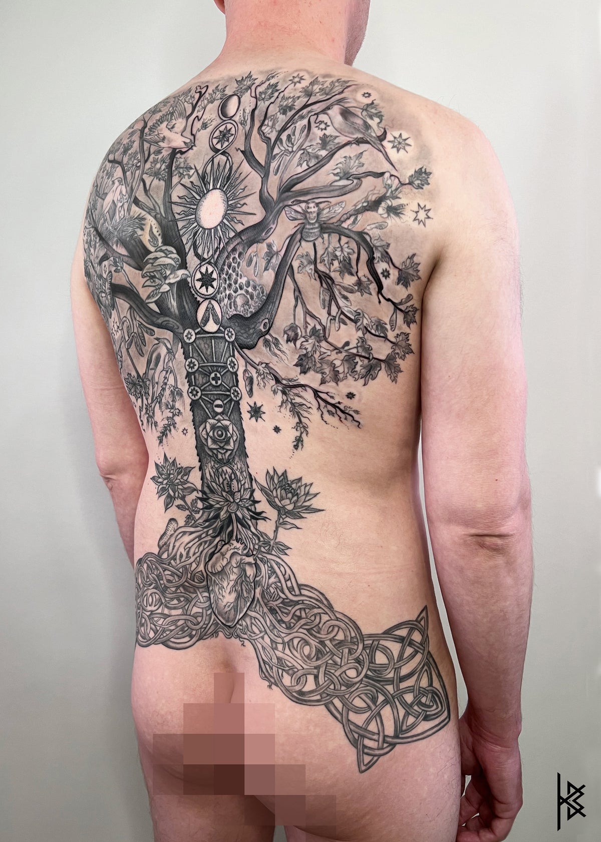 KB, "Tree of Life, She of a Thousand Stars", Ink in skin, 25" x 20". 2022-2024