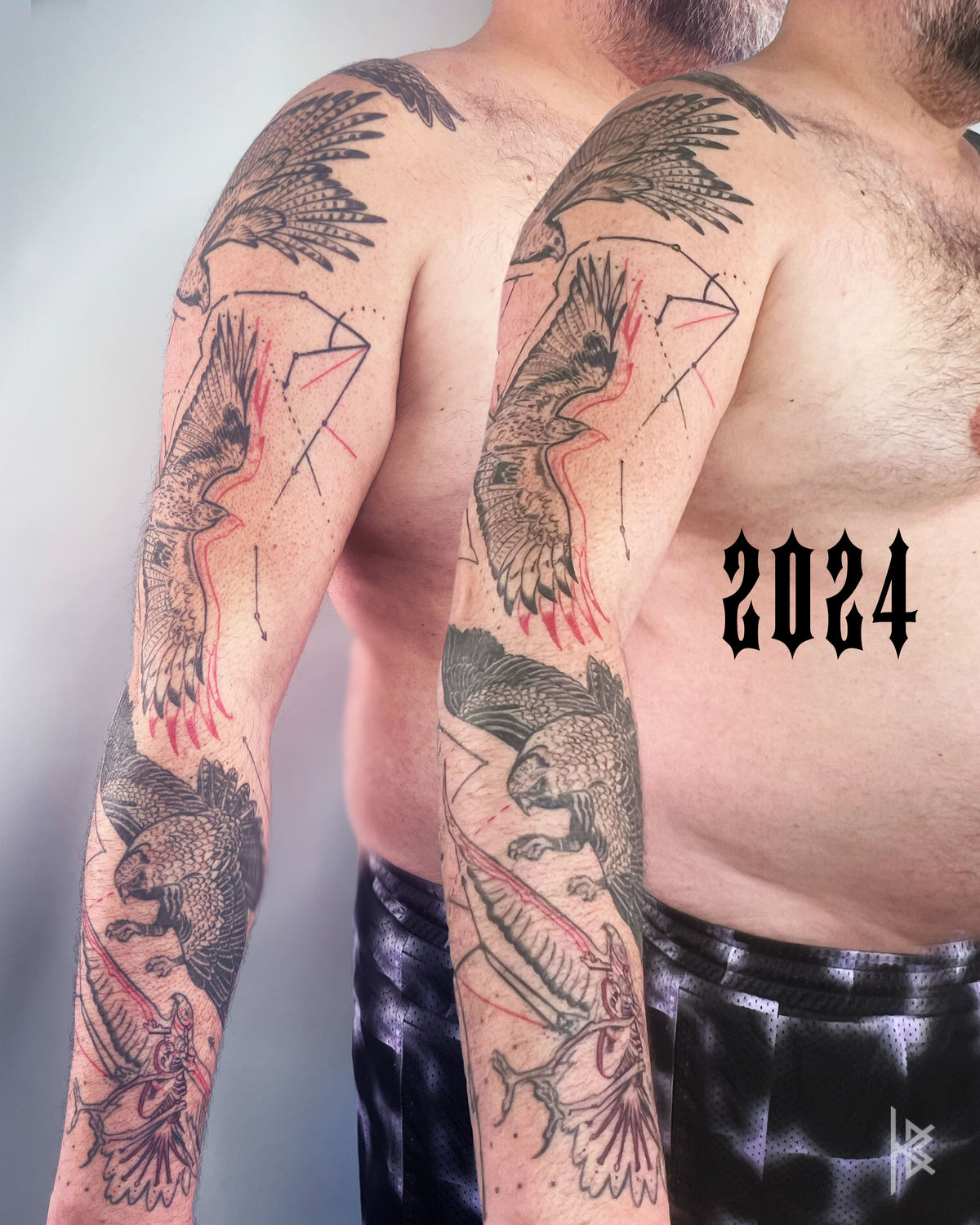 KB, "Birds of Prey Kinetic Flight Patterns", Ink in skin, 20" x 16", 2024.