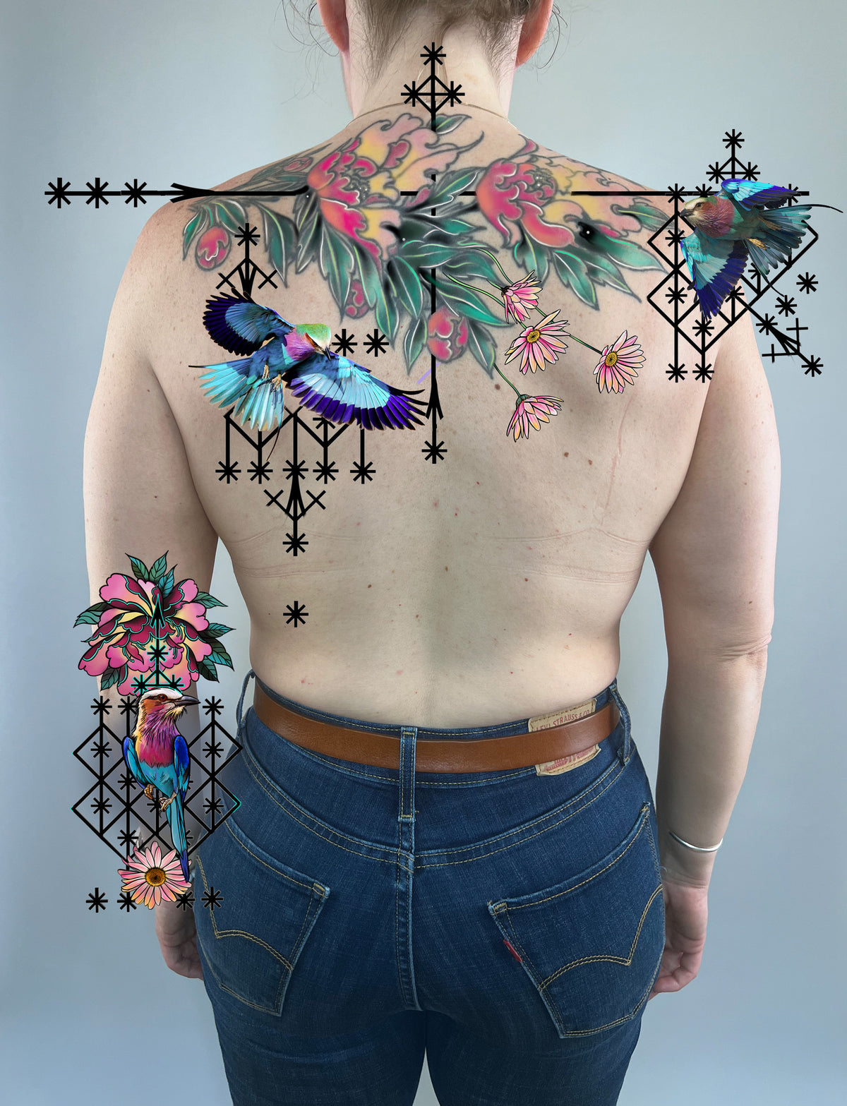 KB, "Lilac Roller Voodoo" IN-PROCESS, Ink in skin, 10" x 5". 2025