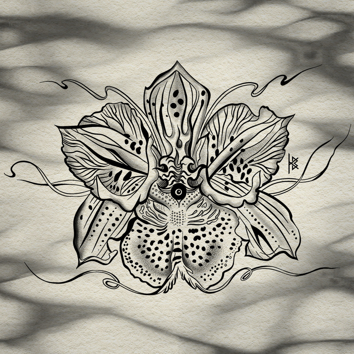 KB, "Evil Eye Orchid : BLACK & GREY Digital Flash Artwork, 8" x 4". 2024 