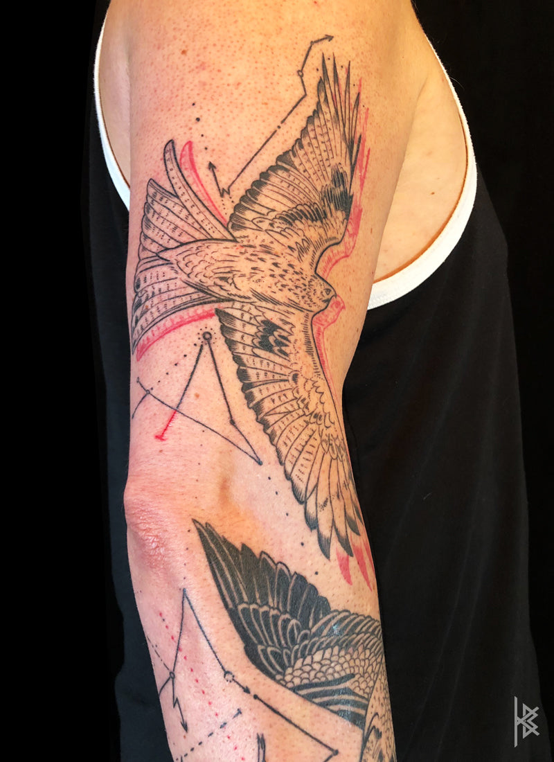 KB, "Birds of Prey Kinetic Flight Patterns", Ink in skin, 20" x 16", 2017.