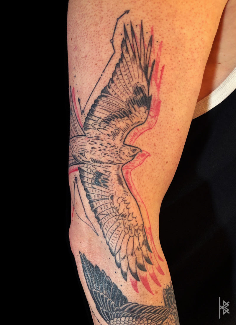 KB, "Birds of Prey Kinetic Flight Patterns", Ink in skin, 20" x 16", 2017.