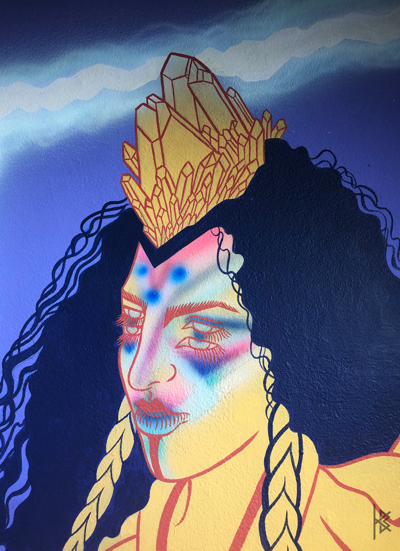 KB. ''Cosmic Warrior - DETAIL” Acrylic & Airbrush on Wall, 12’ x 8.5’'. 2019
