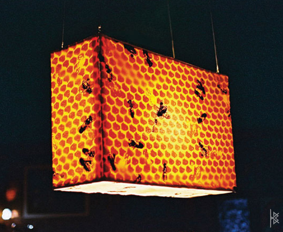 MTAF. 'Hive Lamp'' Hand dyed, silk screened, welded, 3'x 2'. 2004