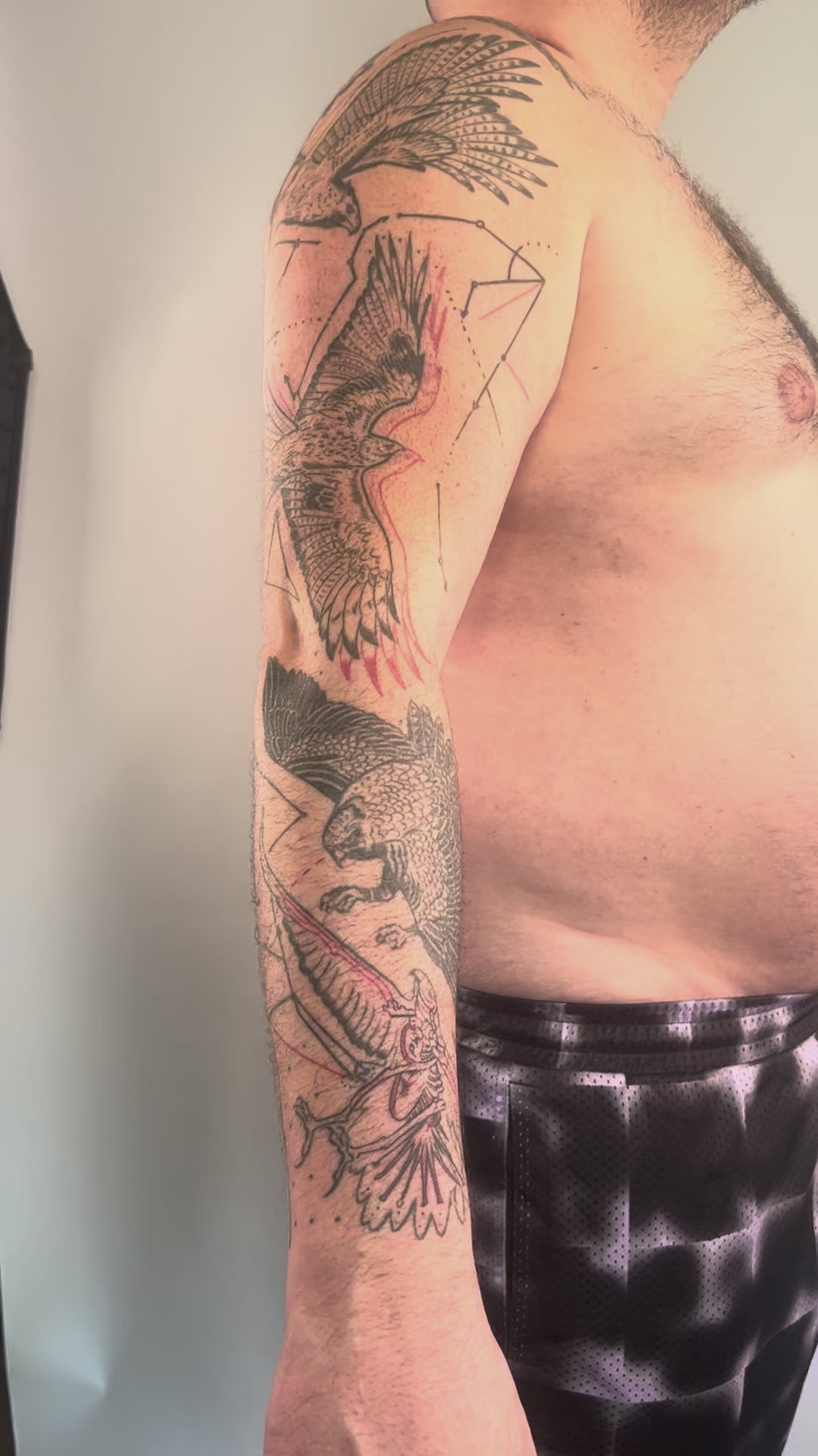 KB, "Birds of Prey Kinetic Flight Patterns", Ink in skin, 20" x 16", 2024.