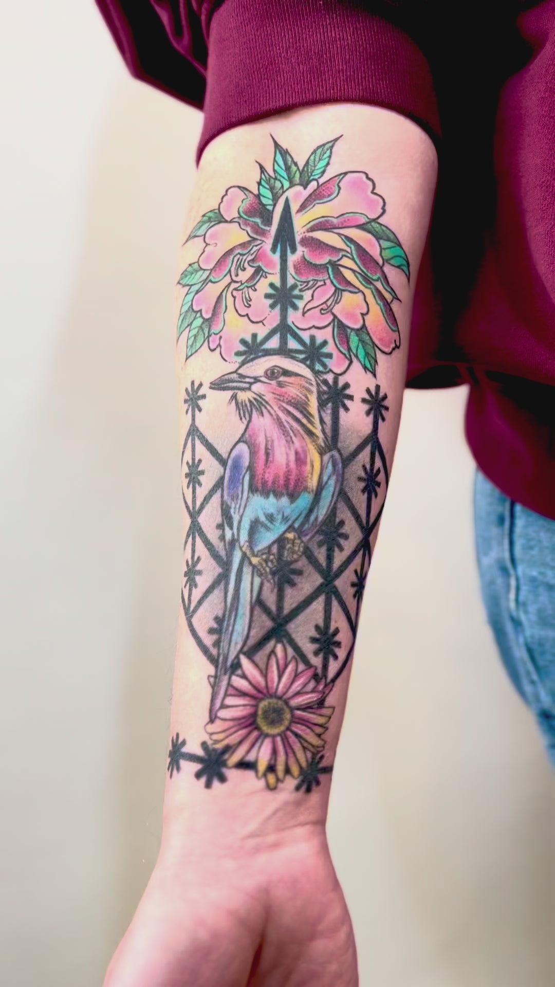 KB, "Lilac Roller Voodoo", Ink in skin, 10" x 5". 2025