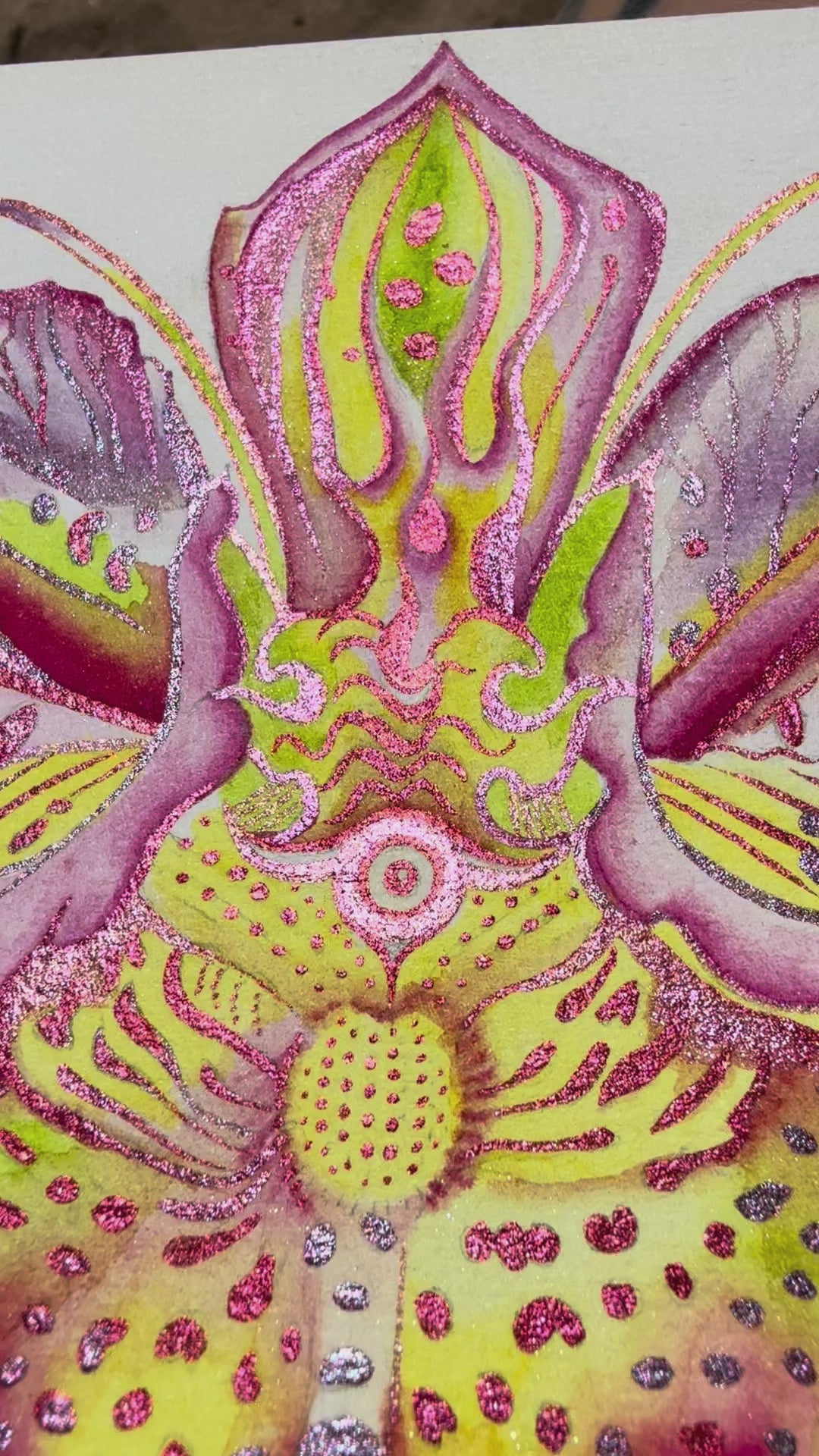 KB, "Evil Eye Orchid" Metallic Watercolor Painting on Paper, 6" x 4". 2025